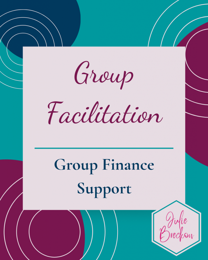 Decorative image in brand colours with text: Group Facilitation; Group Finance Support
