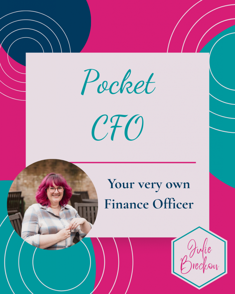 Decorative image in brand colours with text: Pocket CFO; Your very own Finance Officer.