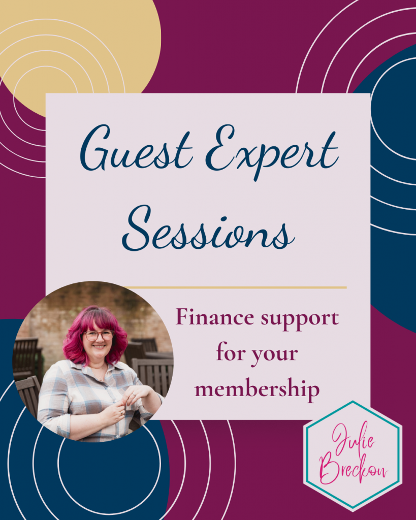 Decorative image in brand colours with text: Guest Expert Sessions; Finance Support for your membership.